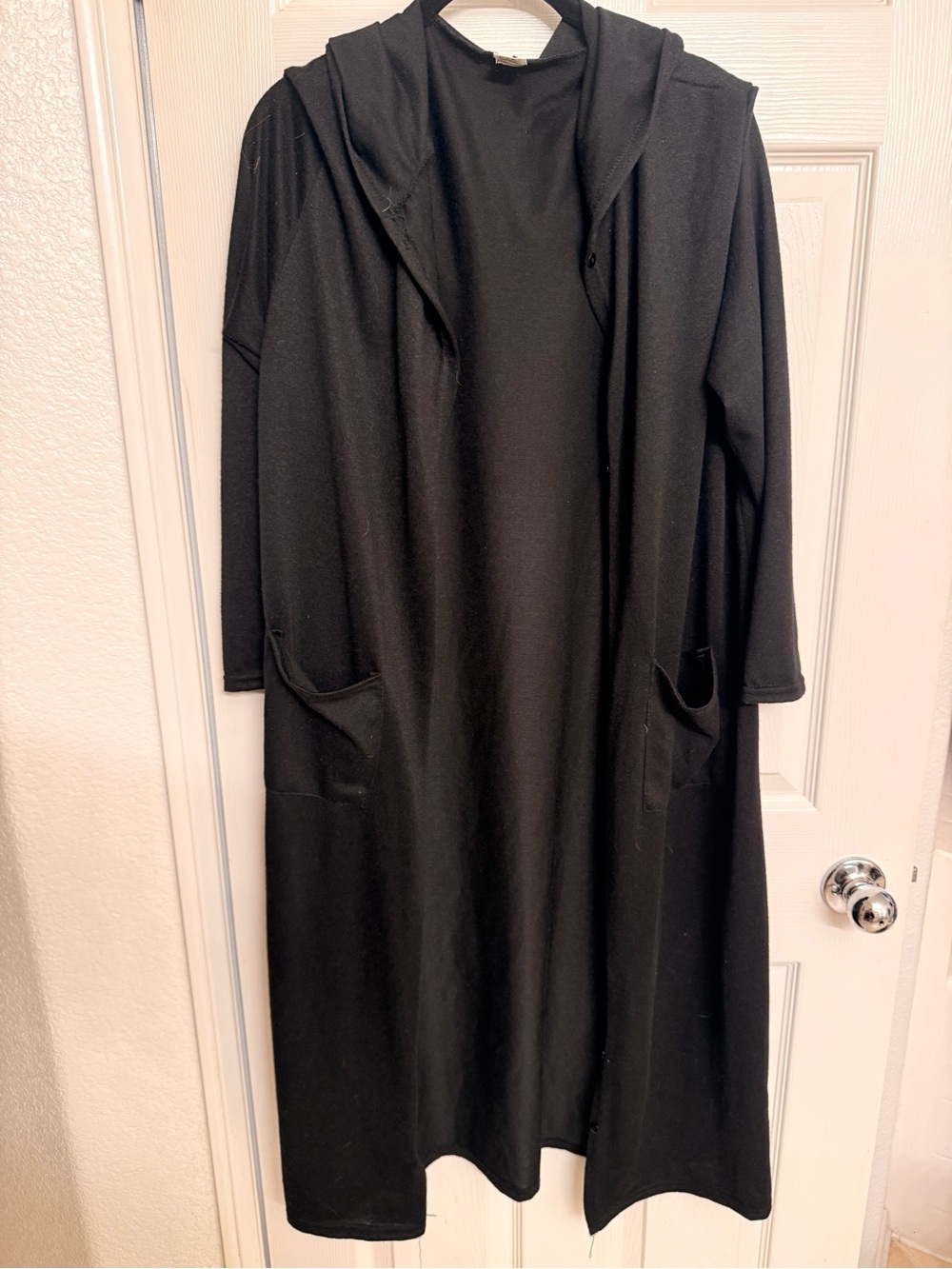 Long Black Hooded Cardigan Coatigan with Pockets